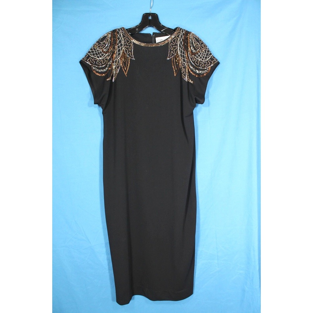 VTG JOAN LESLIE EVENINGS Black BEADED/SEQUIN Zip Back COCKTAIL Shift Dress Sz 8